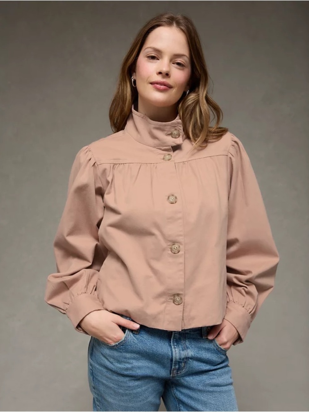 American Eagle Real Good Twill Swing Jacket Rose Pink Mock Neck Size Medium NWT